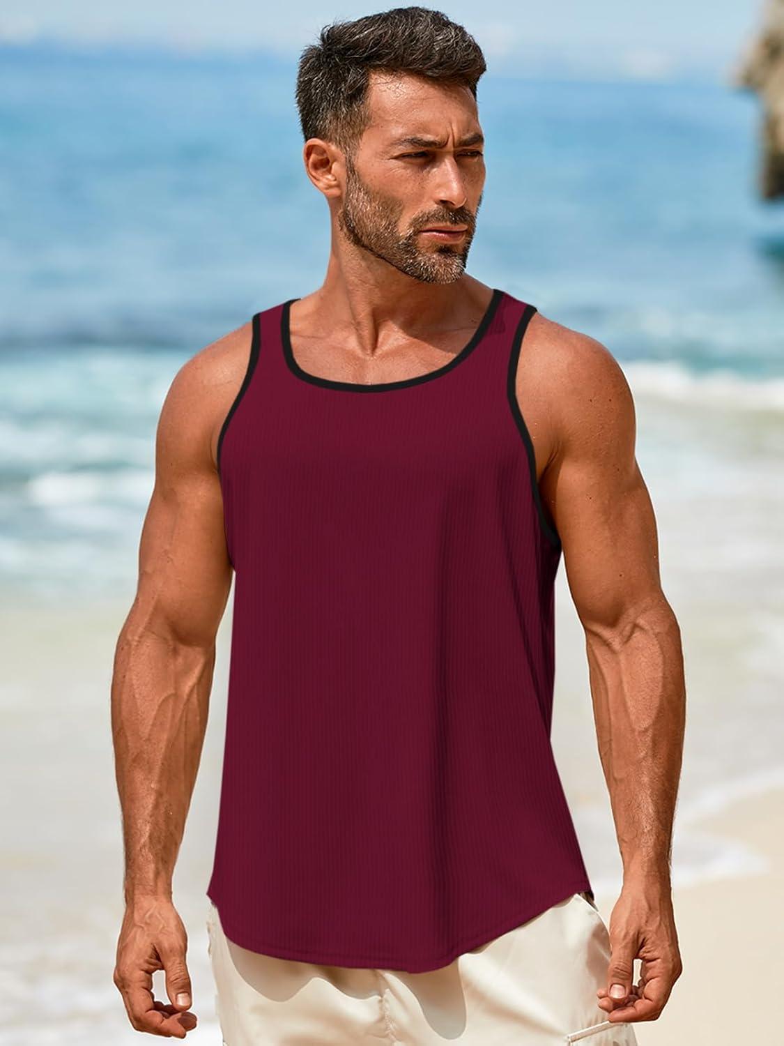 imageRuncati Mens Sleeveless Tank Tops Workout Muscle Gym Knitted Shirt Athletic Bodybuilding Slim Fit Ribbed T ShirtsWine Red