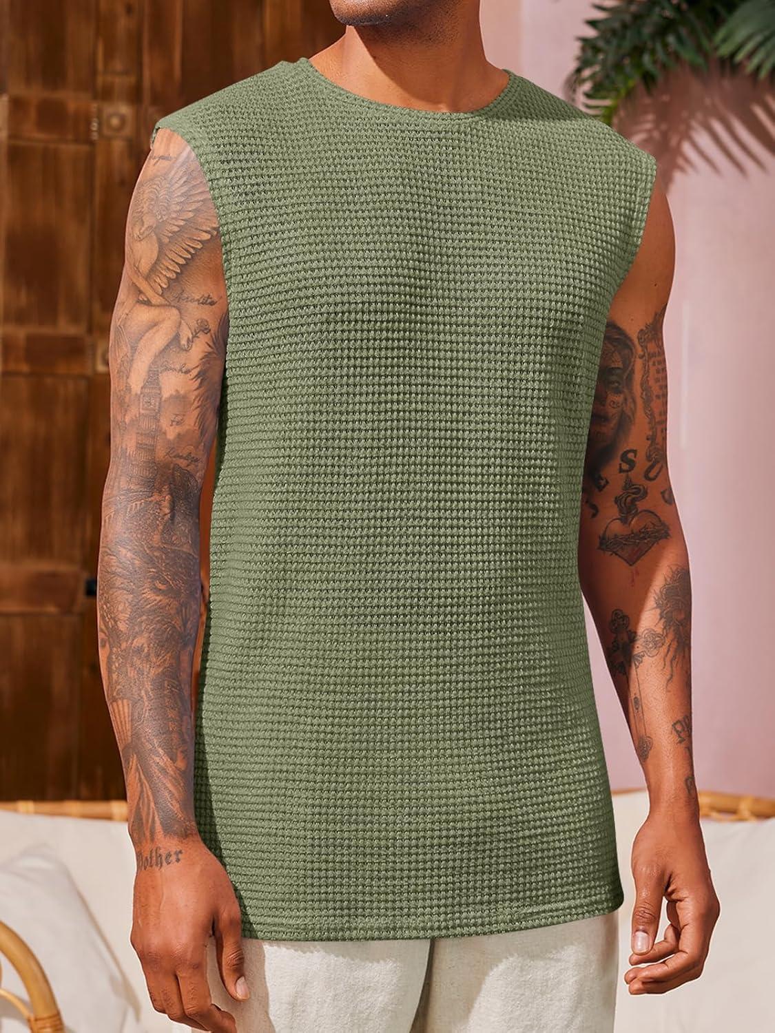 imageRuncati Mens Waffle Tank Tops Sleeveless TShirts Athletic Muscle Summer Beach Hippie ShirtsArmy Green