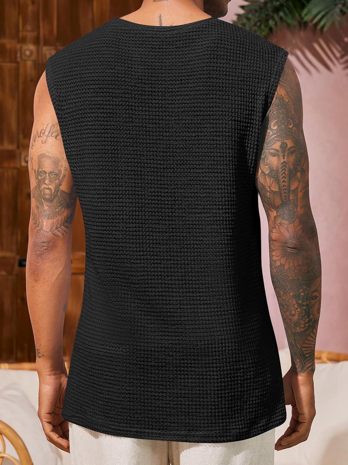 imageRuncati Mens Waffle Tank Tops Sleeveless TShirts Athletic Muscle Summer Beach Hippie ShirtsBlack