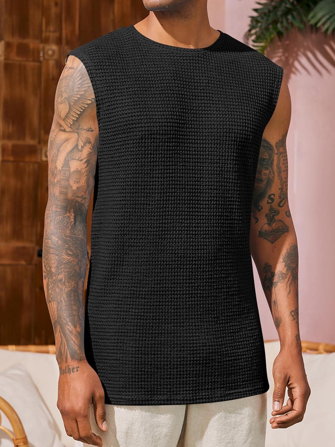 imageRuncati Mens Waffle Tank Tops Sleeveless TShirts Athletic Muscle Summer Beach Hippie ShirtsBlack