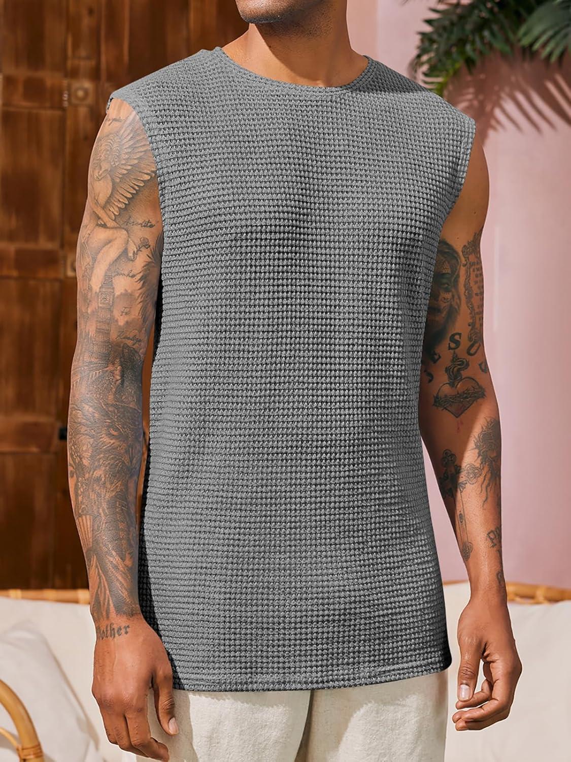 imageRuncati Mens Waffle Tank Tops Sleeveless TShirts Athletic Muscle Summer Beach Hippie ShirtsGray
