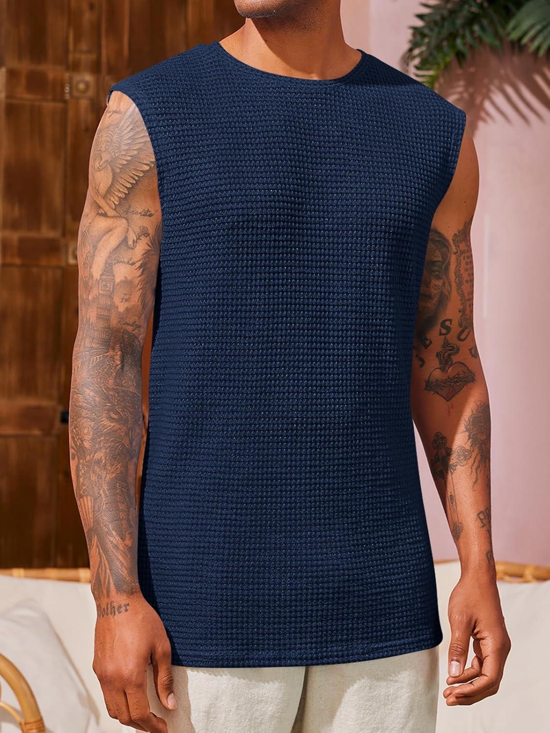 imageRuncati Mens Waffle Tank Tops Sleeveless TShirts Athletic Muscle Summer Beach Hippie ShirtsNavy