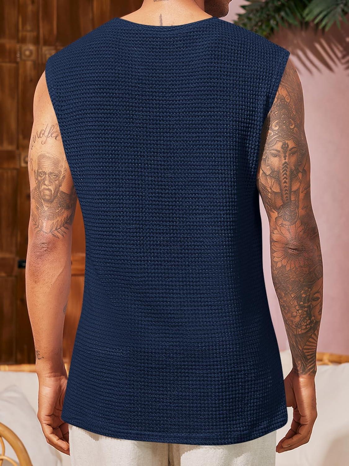imageRuncati Mens Waffle Tank Tops Sleeveless TShirts Athletic Muscle Summer Beach Hippie ShirtsNavy