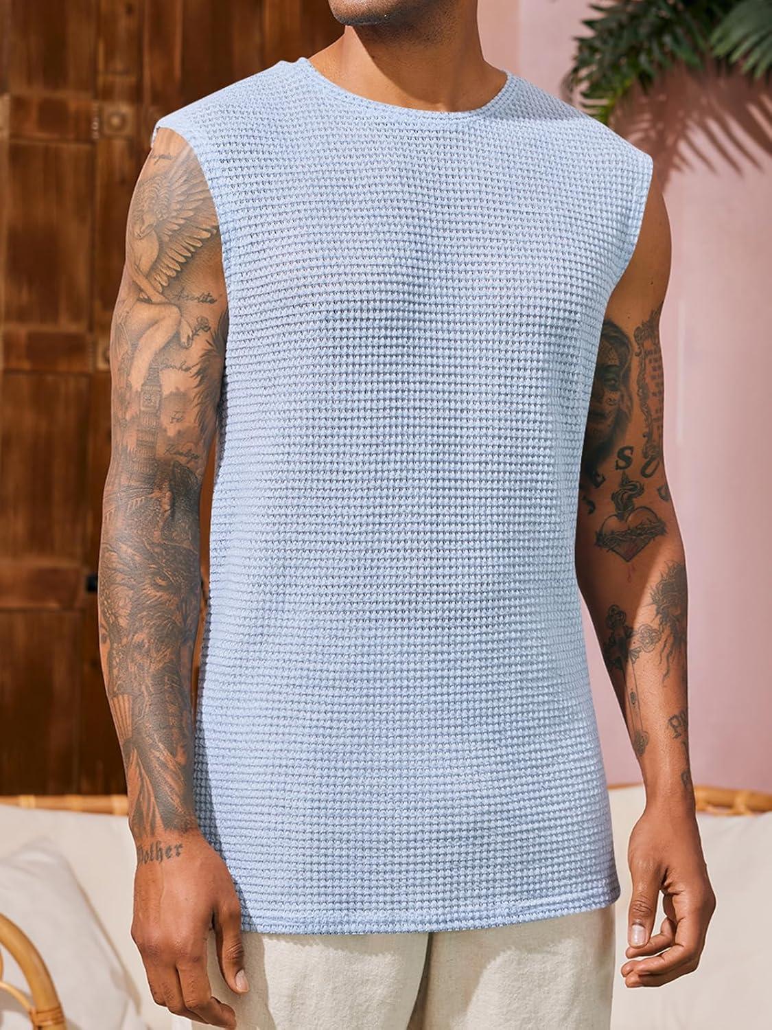 imageRuncati Mens Waffle Tank Tops Sleeveless TShirts Athletic Muscle Summer Beach Hippie ShirtsSky Blue