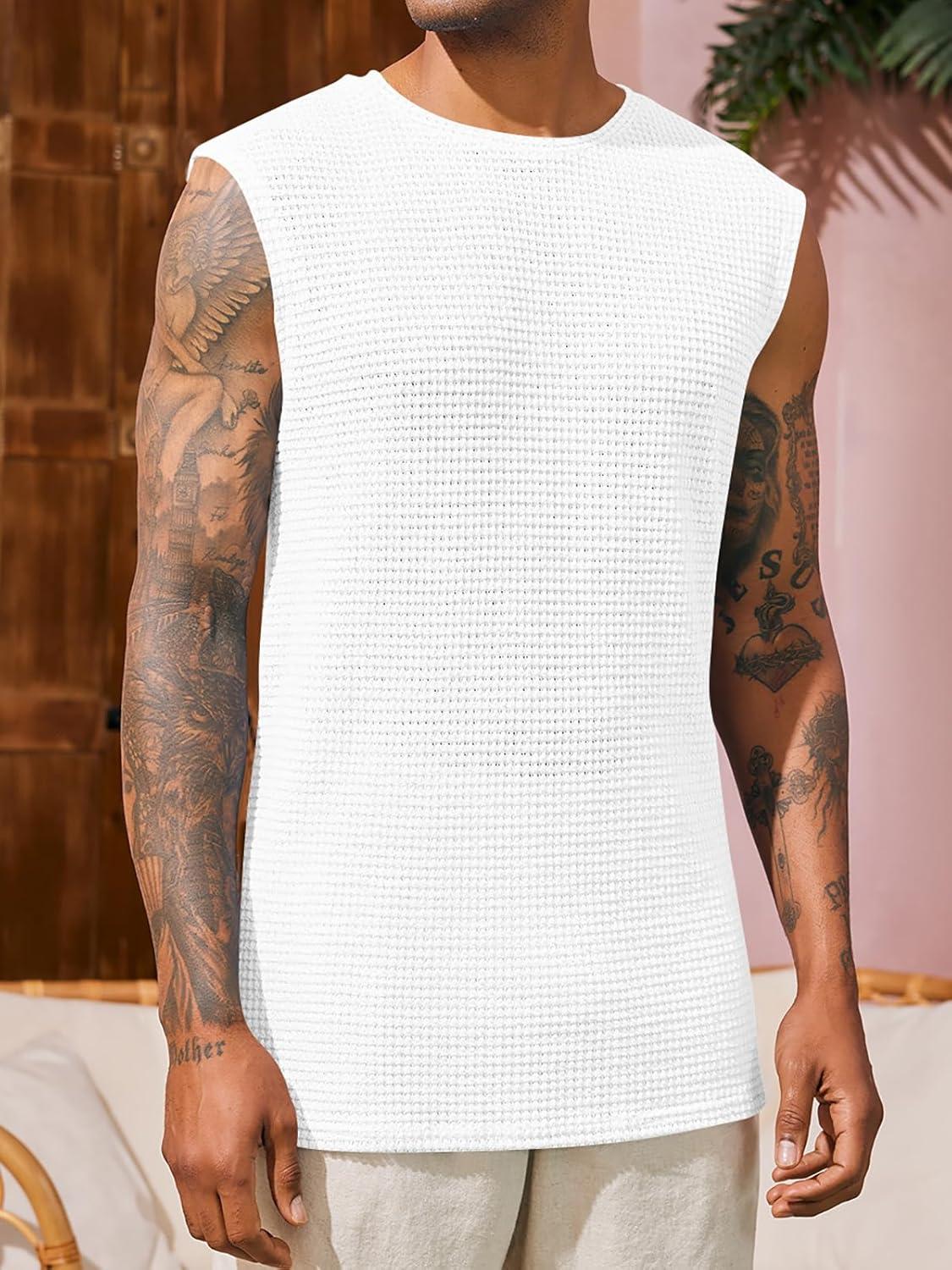 imageRuncati Mens Waffle Tank Tops Sleeveless TShirts Athletic Muscle Summer Beach Hippie ShirtsWhite