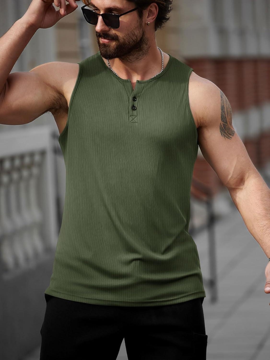 imageRuncati Mens Workout Tank Tops Summer Gym Muscle Ribbed Sleeveless Henley Shirt Casual Knitted Slim Fit Beach TeeArmy Green
