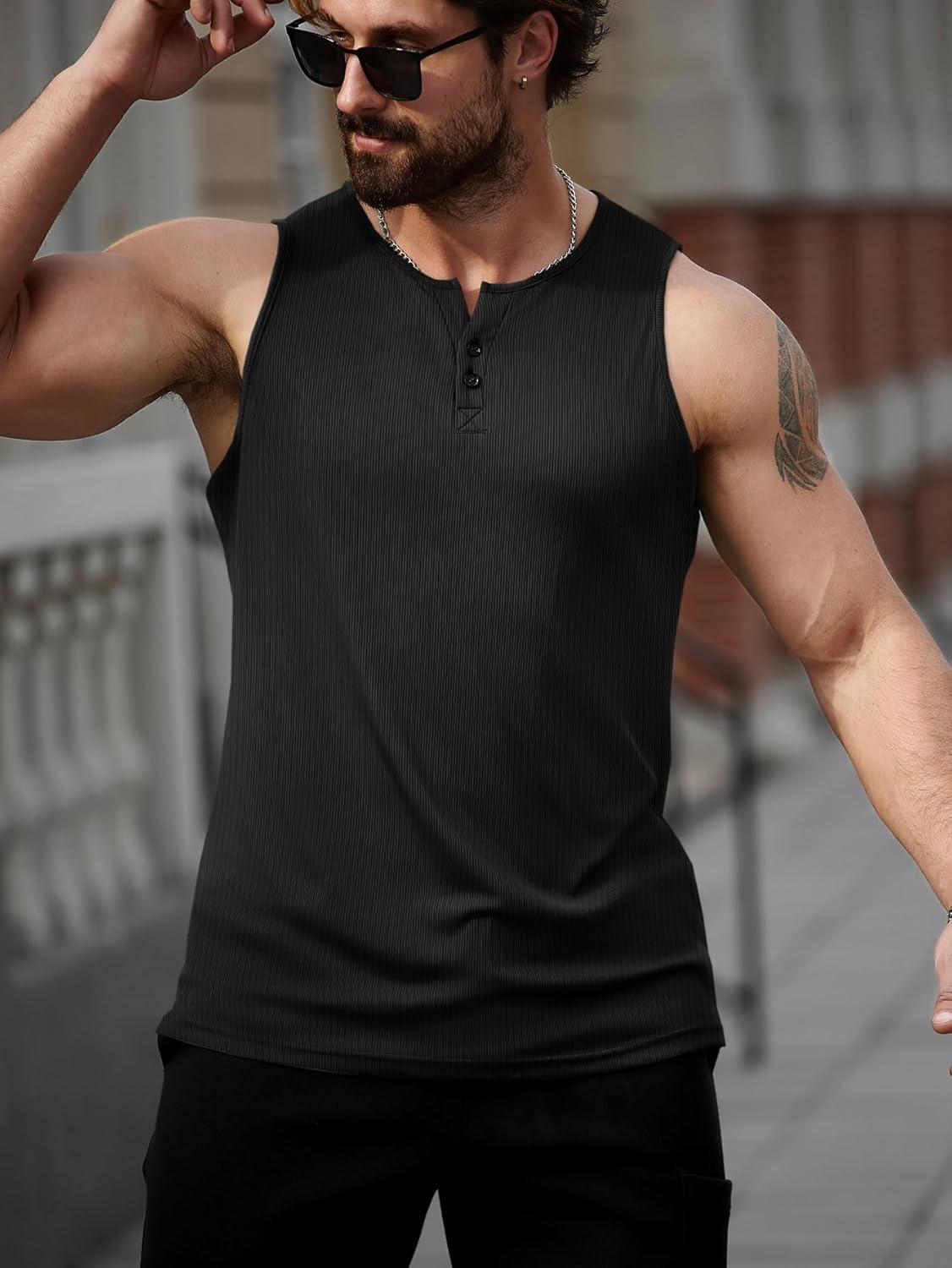 imageRuncati Mens Workout Tank Tops Summer Gym Muscle Ribbed Sleeveless Henley Shirt Casual Knitted Slim Fit Beach TeeBlack