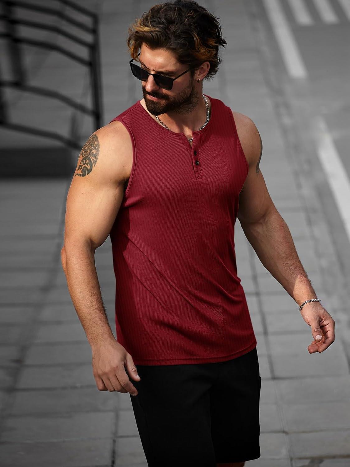 imageRuncati Mens Workout Tank Tops Summer Gym Muscle Ribbed Sleeveless Henley Shirt Casual Knitted Slim Fit Beach TeeBurgundy