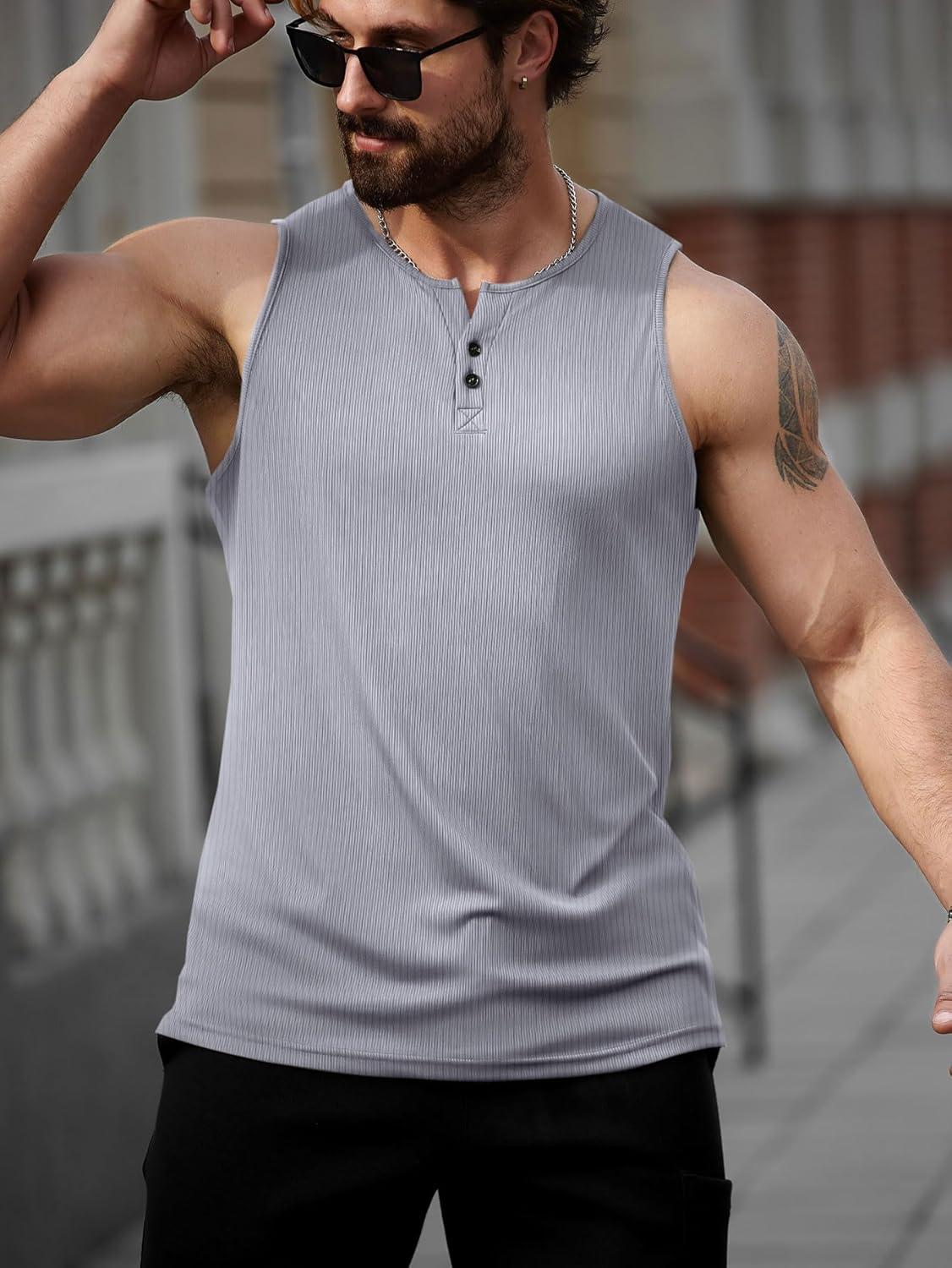imageRuncati Mens Workout Tank Tops Summer Gym Muscle Ribbed Sleeveless Henley Shirt Casual Knitted Slim Fit Beach TeeLight Grey