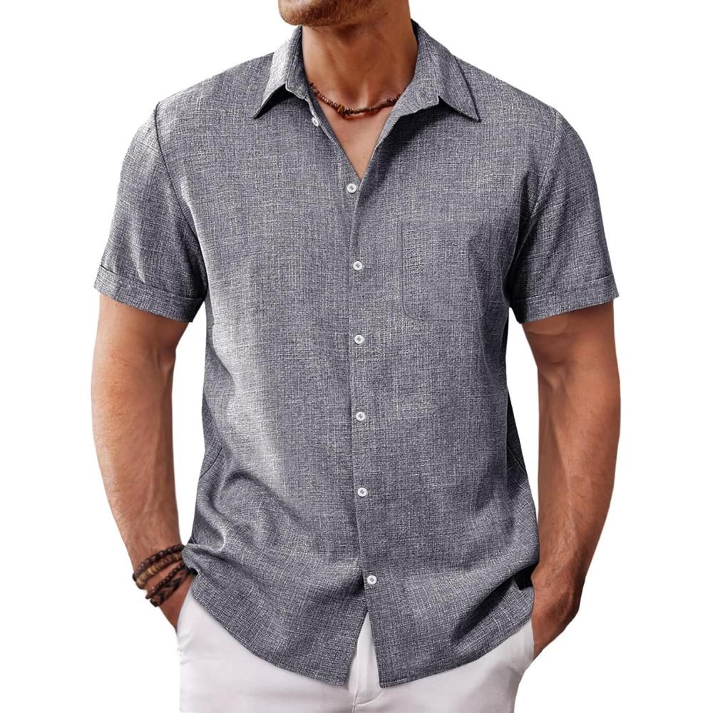 imageRuncati Mens Button Down Linen Shirt Short Sleeve Casual Summer Beach Wedding TopsDark Gray
