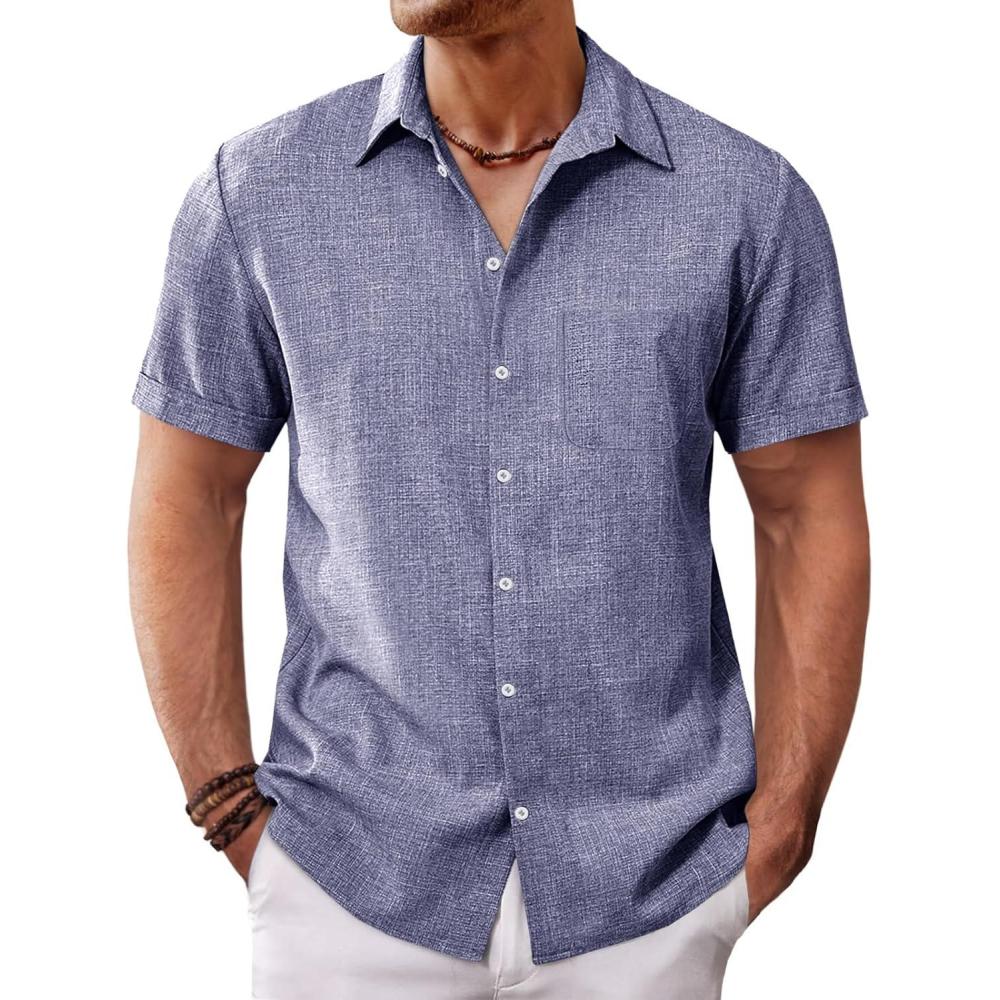 imageRuncati Mens Button Down Linen Shirt Short Sleeve Casual Summer Beach Wedding TopsJeans Blue