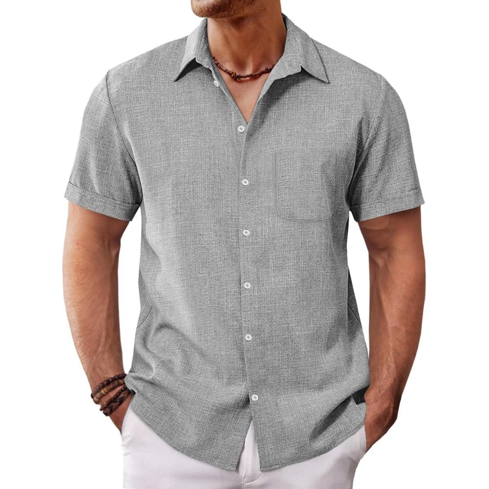 imageRuncati Mens Button Down Linen Shirt Short Sleeve Casual Summer Beach Wedding TopsLight Gray