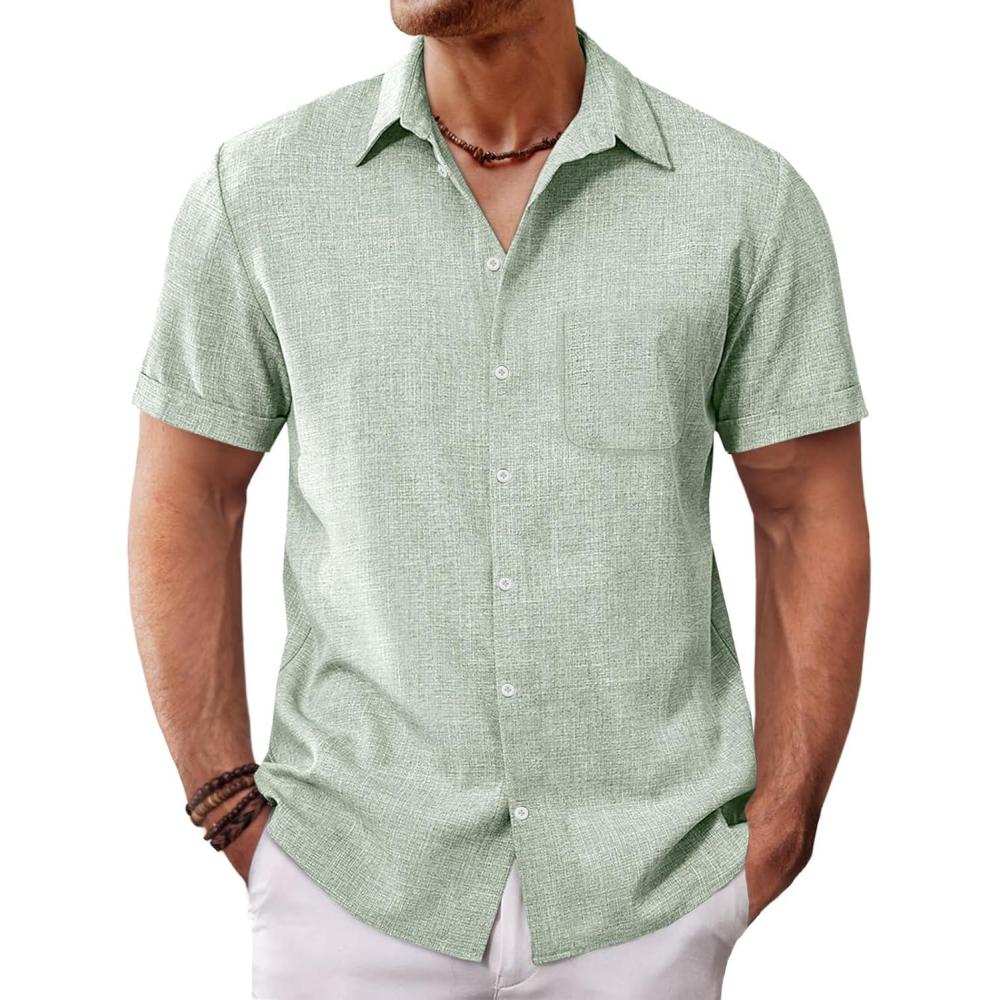 imageRuncati Mens Button Down Linen Shirt Short Sleeve Casual Summer Beach Wedding TopsOlive Green