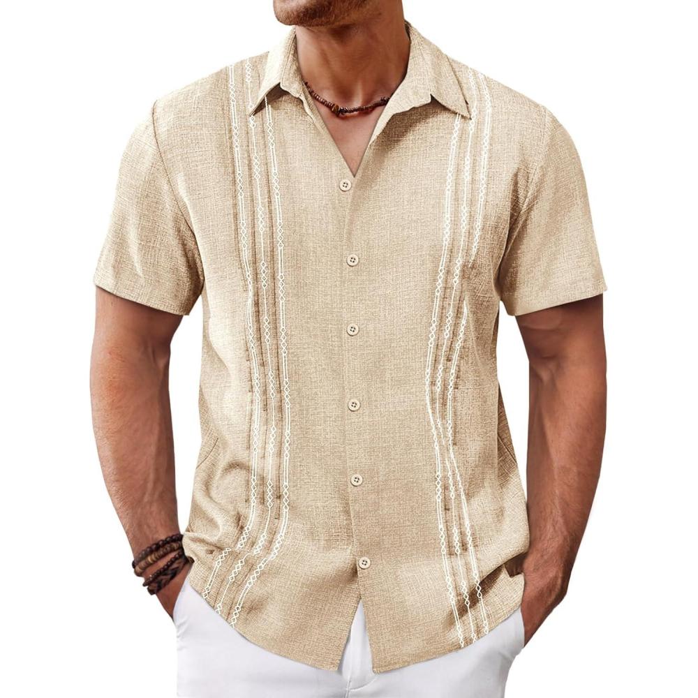 imageRuncati Mens Cuban Guayabera Shirts Short Sleeve Button Down Casual Summer Beach Wedding Embroidered TopsBeige