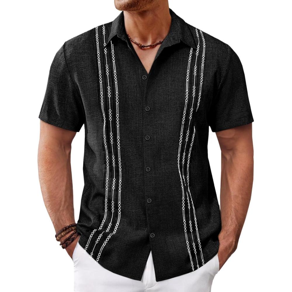imageRuncati Mens Cuban Guayabera Shirts Short Sleeve Button Down Casual Summer Beach Wedding Embroidered TopsBlack