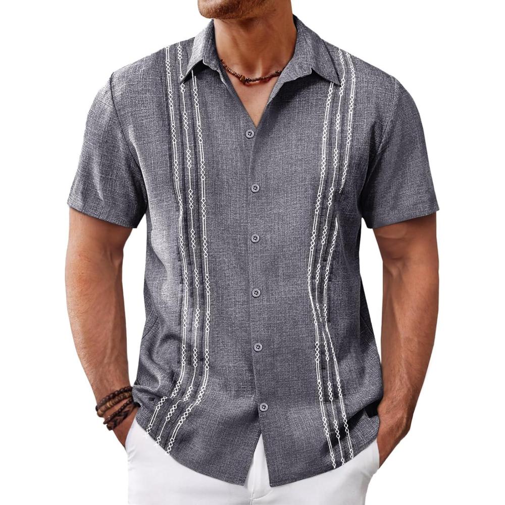 imageRuncati Mens Cuban Guayabera Shirts Short Sleeve Button Down Casual Summer Beach Wedding Embroidered TopsDark Gray