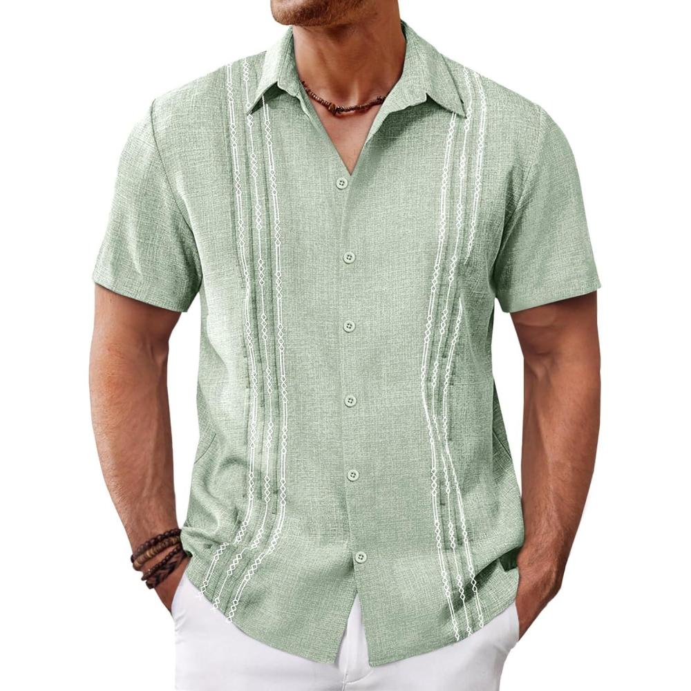imageRuncati Mens Cuban Guayabera Shirts Short Sleeve Button Down Casual Summer Beach Wedding Embroidered TopsOlive Green