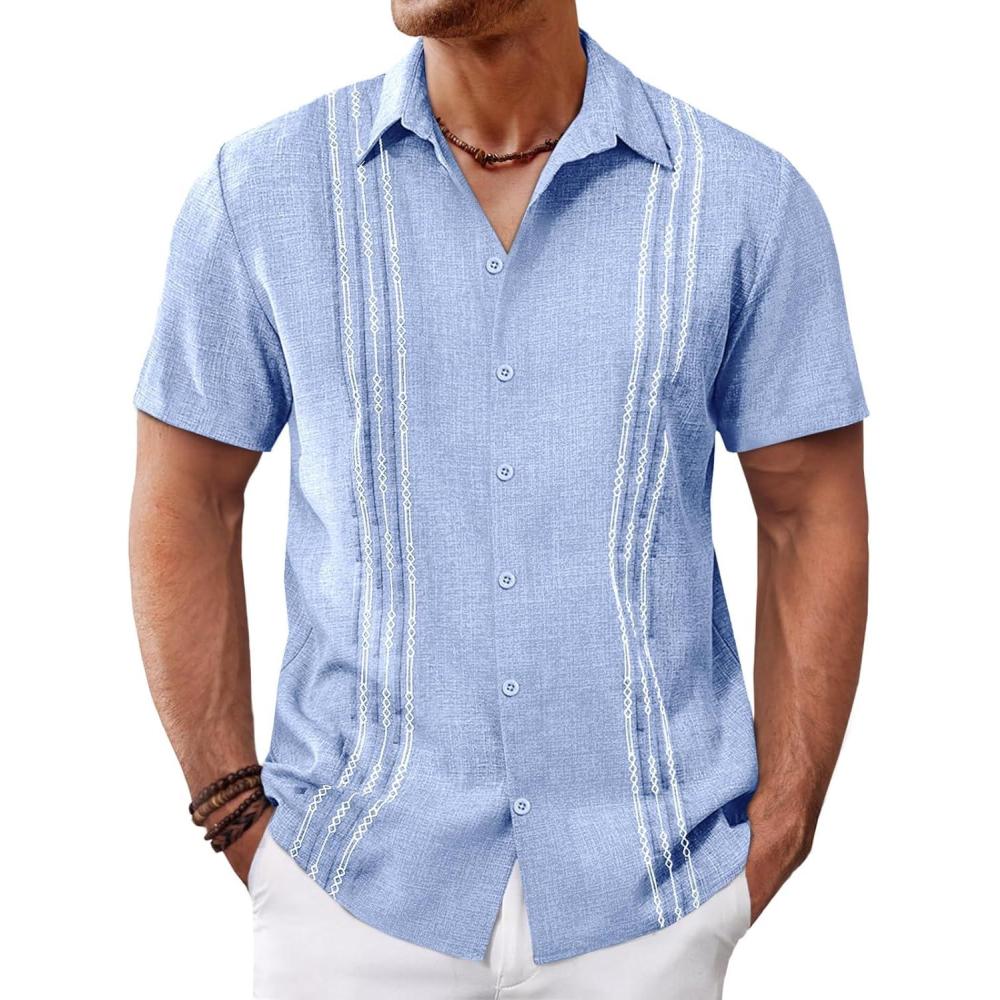 imageRuncati Mens Cuban Guayabera Shirts Short Sleeve Button Down Casual Summer Beach Wedding Embroidered TopsSky Blue