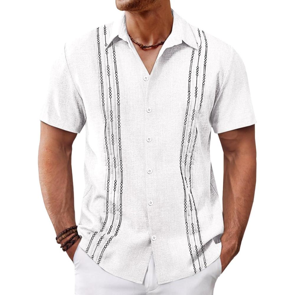 imageRuncati Mens Cuban Guayabera Shirts Short Sleeve Button Down Casual Summer Beach Wedding Embroidered TopsWhite