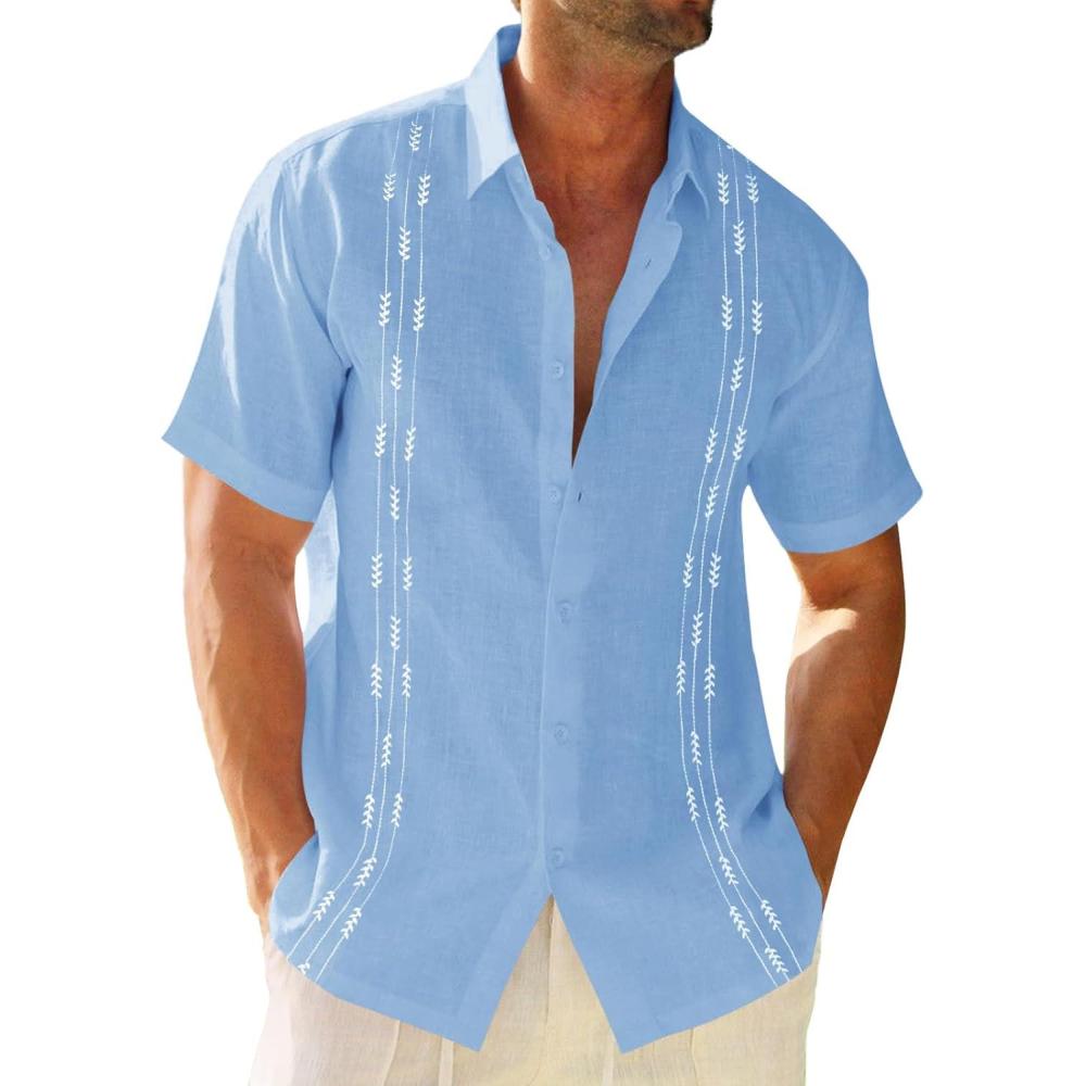 imageRuncati Mens Linen Shirt Guayabera Cuban Short Sleeve Button Down Cotton Summer Beach Hippie ShirtsBlue