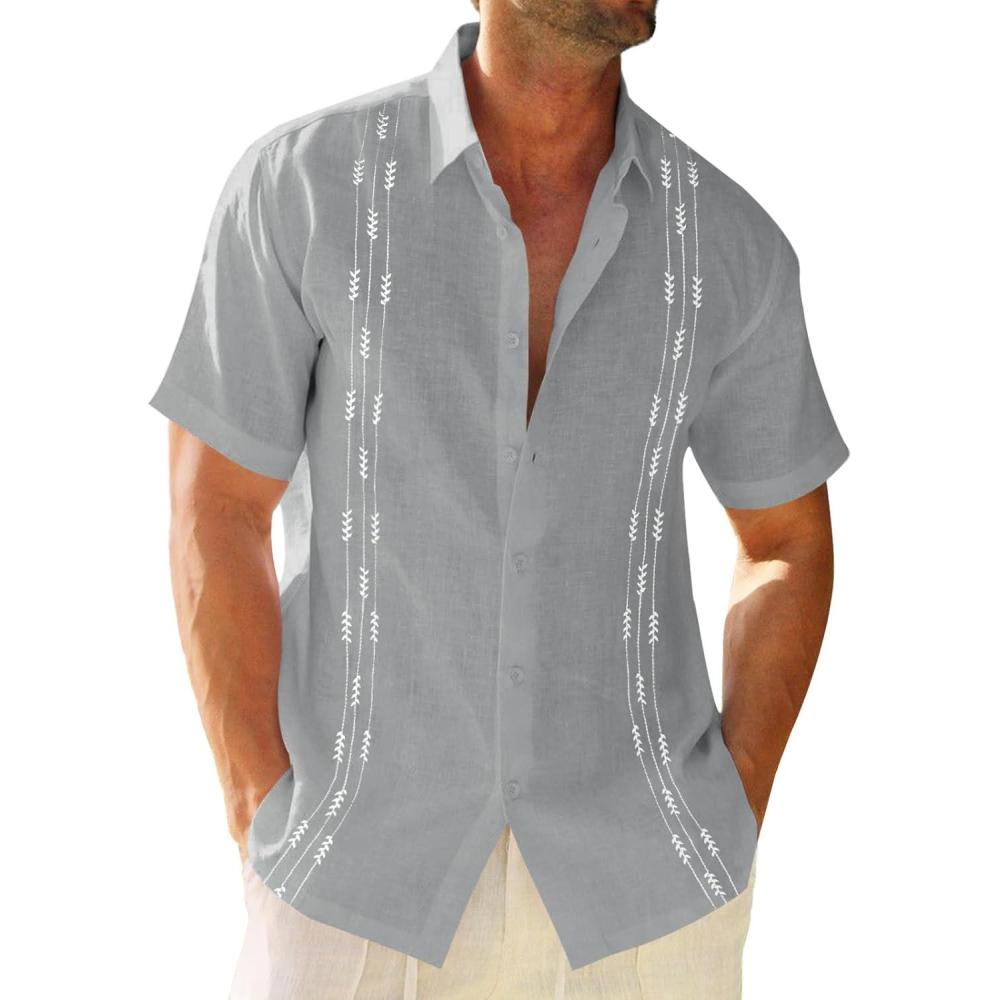 imageRuncati Mens Linen Shirt Guayabera Cuban Short Sleeve Button Down Cotton Summer Beach Hippie ShirtsGrey