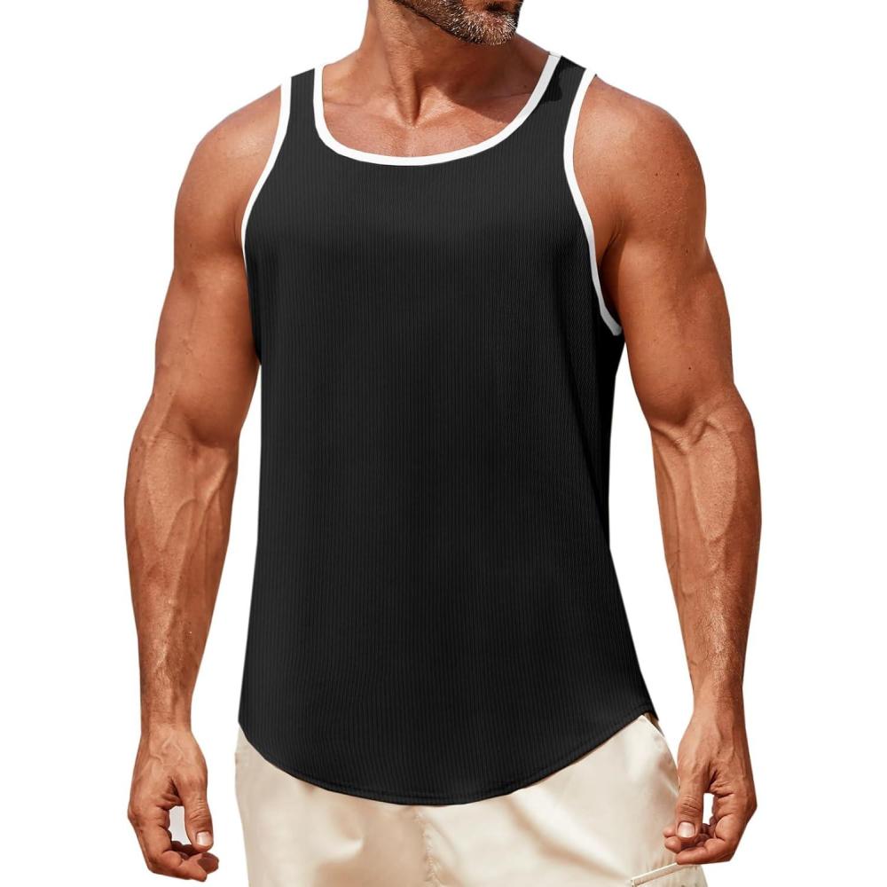 imageRuncati Mens Sleeveless Tank Tops Workout Muscle Gym Knitted Shirt Athletic Bodybuilding Slim Fit Ribbed T ShirtsBlack