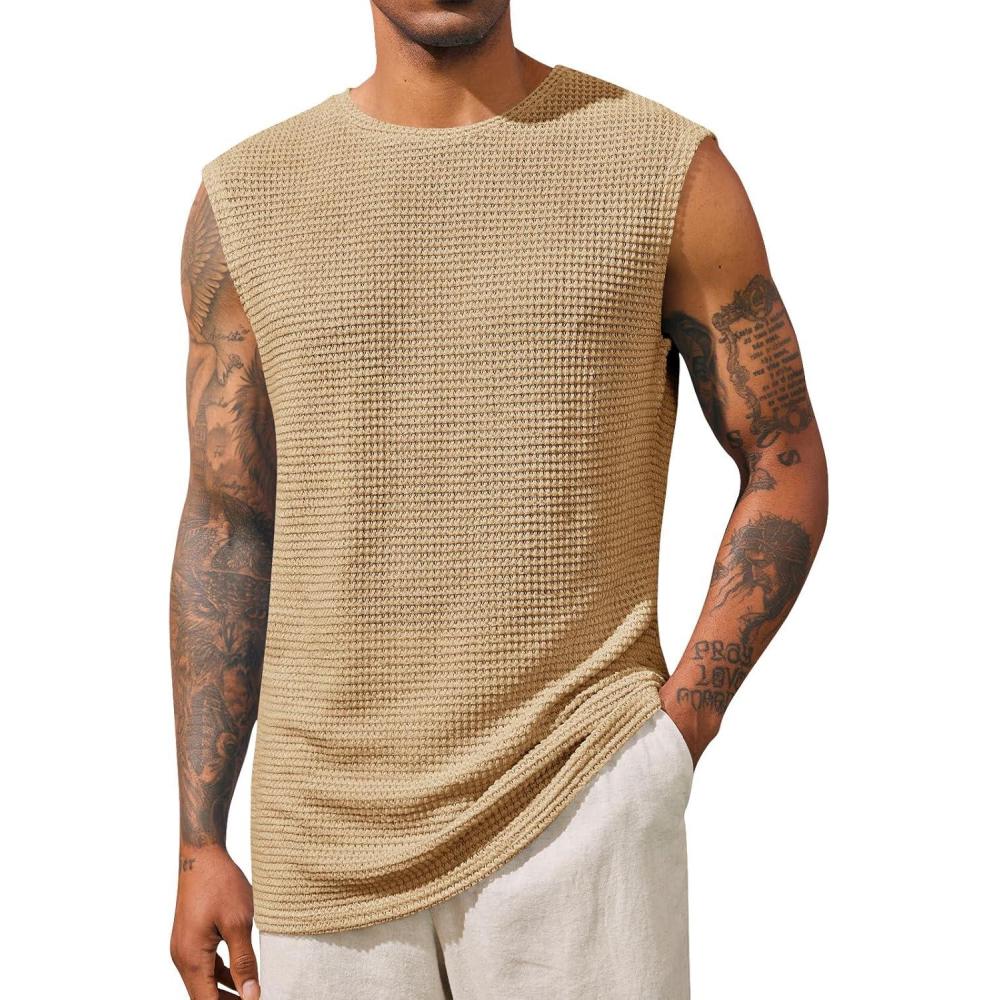 imageRuncati Mens Waffle Tank Tops Sleeveless TShirts Athletic Muscle Summer Beach Hippie ShirtsKhaki