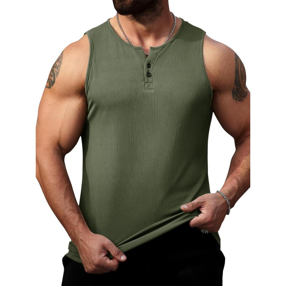imageRuncati Mens Workout Tank Tops Summer Gym Muscle Ribbed Sleeveless Henley Shirt Casual Knitted Slim Fit Beach TeeArmy Green