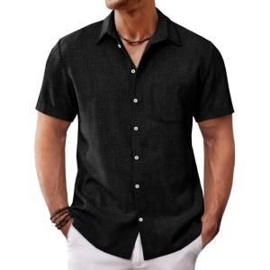 imageRuncati Mens Button Down Linen Shirt Short Sleeve Casual Summer Beach Wedding TopsBlack