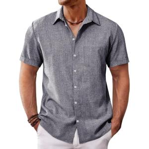 imageRuncati Mens Button Down Linen Shirt Short Sleeve Casual Summer Beach Wedding TopsDark Gray