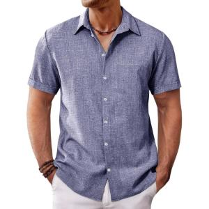 imageRuncati Mens Button Down Linen Shirt Short Sleeve Casual Summer Beach Wedding TopsJeans Blue