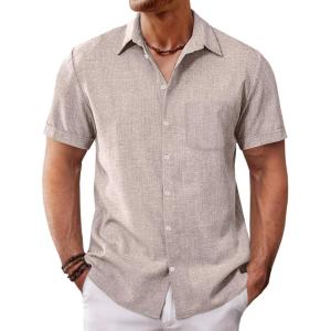 imageRuncati Mens Button Down Linen Shirt Short Sleeve Casual Summer Beach Wedding TopsKhaki