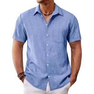 imageRuncati Mens Button Down Linen Shirt Short Sleeve Casual Summer Beach Wedding TopsLight Blue