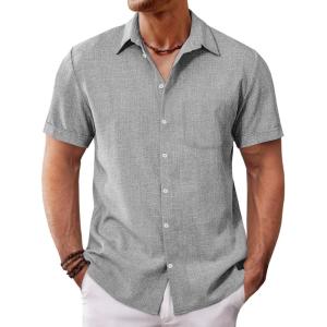 imageRuncati Mens Button Down Linen Shirt Short Sleeve Casual Summer Beach Wedding TopsLight Gray