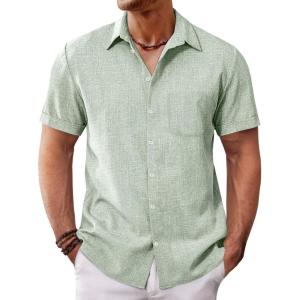imageRuncati Mens Button Down Linen Shirt Short Sleeve Casual Summer Beach Wedding TopsOlive Green