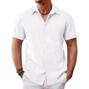 imageRuncati Mens Button Down Linen Shirt Short Sleeve Casual Summer Beach Wedding TopsWhite