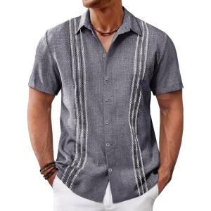 imageRuncati Mens Cuban Guayabera Shirts Short Sleeve Button Down Casual Summer Beach Wedding Embroidered TopsDark Gray