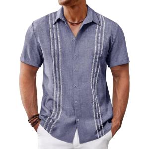 imageRuncati Mens Cuban Guayabera Shirts Short Sleeve Button Down Casual Summer Beach Wedding Embroidered TopsJeans Blue