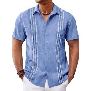 imageRuncati Mens Cuban Guayabera Shirts Short Sleeve Button Down Casual Summer Beach Wedding Embroidered TopsLight Blue