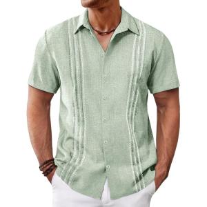 imageRuncati Mens Cuban Guayabera Shirts Short Sleeve Button Down Casual Summer Beach Wedding Embroidered TopsOlive Green