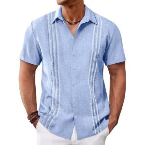imageRuncati Mens Cuban Guayabera Shirts Short Sleeve Button Down Casual Summer Beach Wedding Embroidered TopsSky Blue
