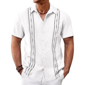 imageRuncati Mens Cuban Guayabera Shirts Short Sleeve Button Down Casual Summer Beach Wedding Embroidered TopsWhite
