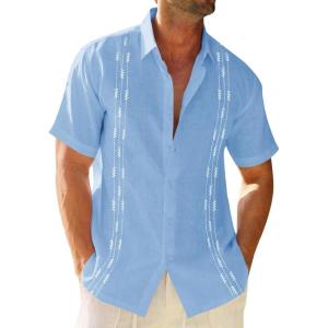 imageRuncati Mens Linen Shirt Guayabera Cuban Short Sleeve Button Down Cotton Summer Beach Hippie ShirtsBlue