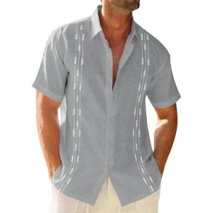 imageRuncati Mens Linen Shirt Guayabera Cuban Short Sleeve Button Down Cotton Summer Beach Hippie ShirtsGrey