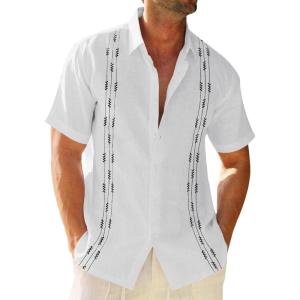 imageRuncati Mens Linen Shirt Guayabera Cuban Short Sleeve Button Down Cotton Summer Beach Hippie ShirtsWhite