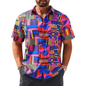 imageRuncati Mens Short Sleeve Shirts Button Down African Traditional Pattern Dashiki Shirt Casual Vintage Floral Hippie TopsBright Pink