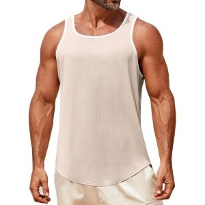 imageRuncati Mens Sleeveless Tank Tops Workout Muscle Gym Knitted Shirt Athletic Bodybuilding Slim Fit Ribbed T ShirtsApricot