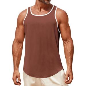 imageRuncati Mens Sleeveless Tank Tops Workout Muscle Gym Knitted Shirt Athletic Bodybuilding Slim Fit Ribbed T ShirtsBrown