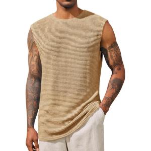 imageRuncati Mens Waffle Tank Tops Sleeveless TShirts Athletic Muscle Summer Beach Hippie ShirtsKhaki