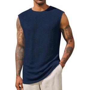 imageRuncati Mens Waffle Tank Tops Sleeveless TShirts Athletic Muscle Summer Beach Hippie ShirtsNavy